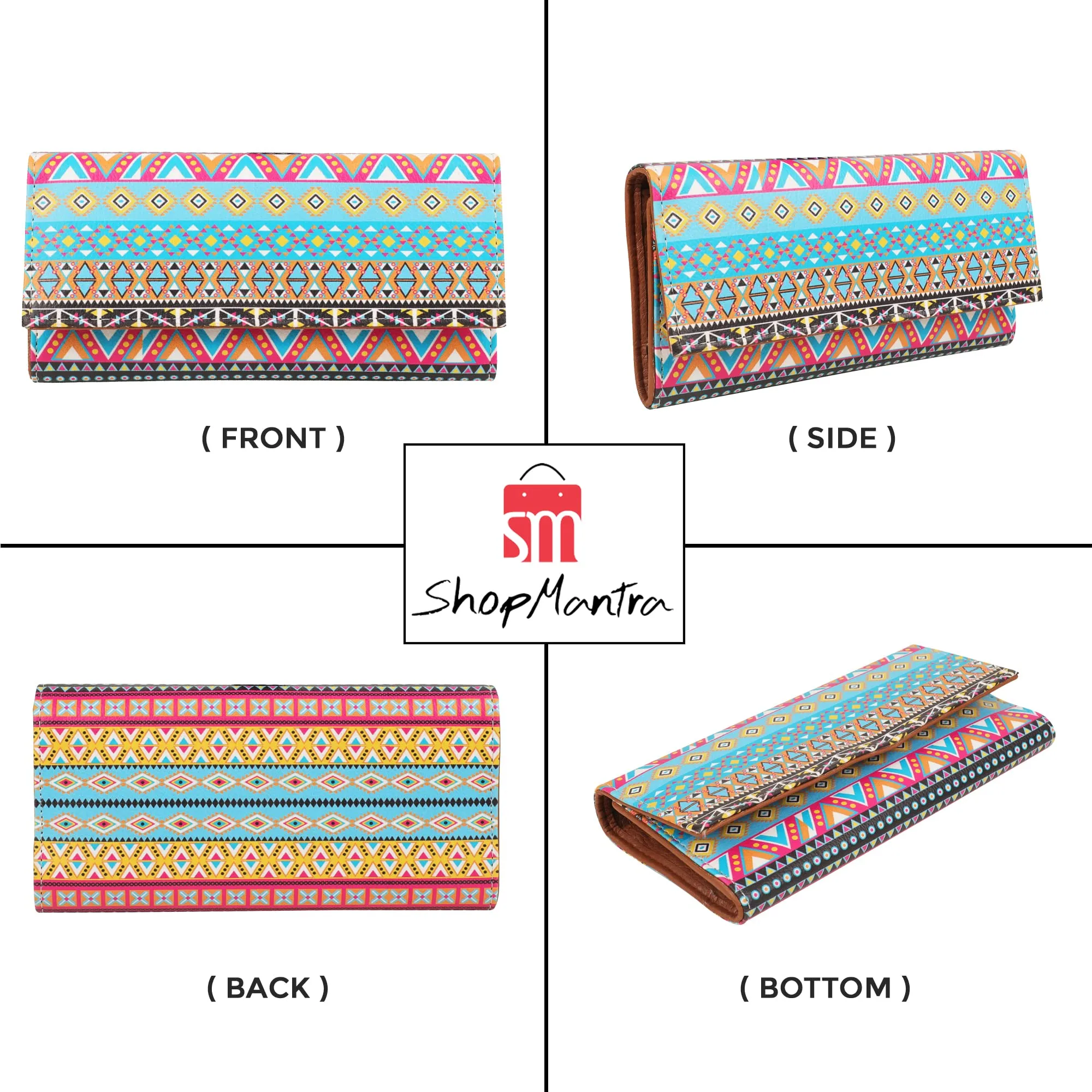 ShopMantra Women's Wallet Unique Print | Clutch | Vegan Leather | 11 Cards 1 ID Slot | 2 Notes and 1 Coin Compartment | Key Holder | Magnetic Closure | Multicolor-Ethnic Pattern