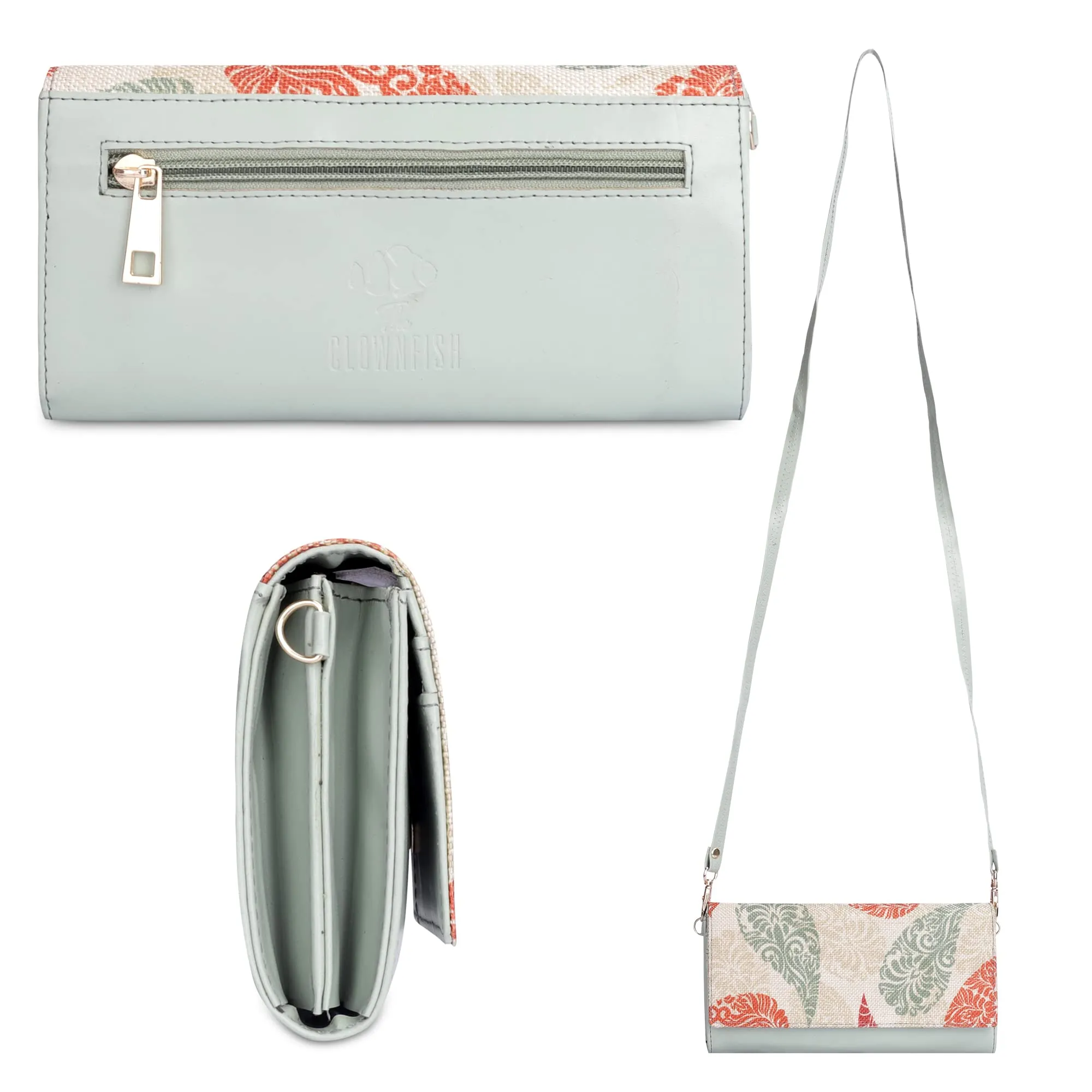 THE CLOWNFISH Women Jolene Printed Handicraft Fabric & Vegan Leather Ladies Wristlet Purse Sling Bag With Multiple Card Slots (Cream-Leaf Print)