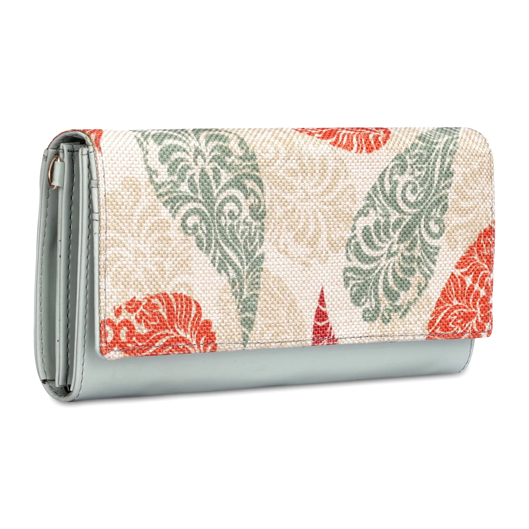 THE CLOWNFISH Women Jolene Printed Handicraft Fabric & Vegan Leather Ladies Wristlet Purse Sling Bag With Multiple Card Slots (Cream-Leaf Print)