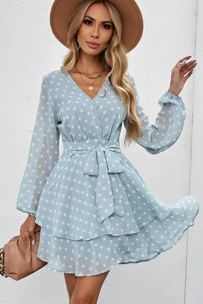 Tied Layered Polka Dot Balloon Sleeve Dress