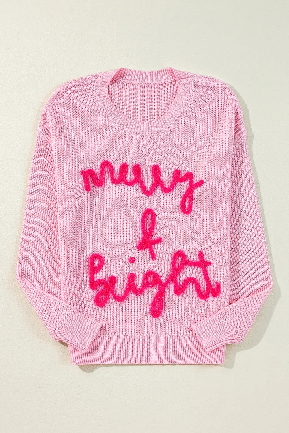 Womens Pink "Merry & Bright" Pop-Up Letter Waffle Knit Sweater